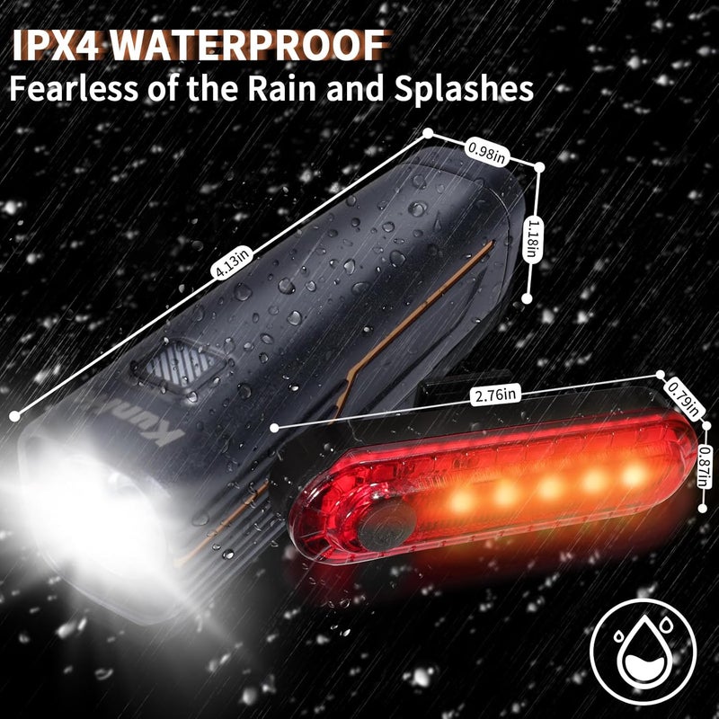 Kunhe 227 Lumens 1600mAh Bike Light Set (1or2or4 or 8 Packs) Rechargeable Front & Rear Bicycle Lights with IPX4 Waterproof 4 Modes for Night Cycling - Image 5